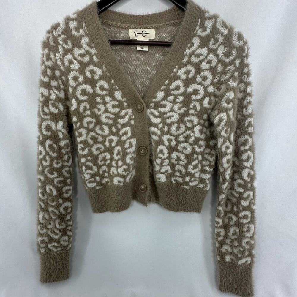 Jessica Simpson Soft Fuzzy Cheetah Print Cardigan Sweater Size XS Cozycore Basic